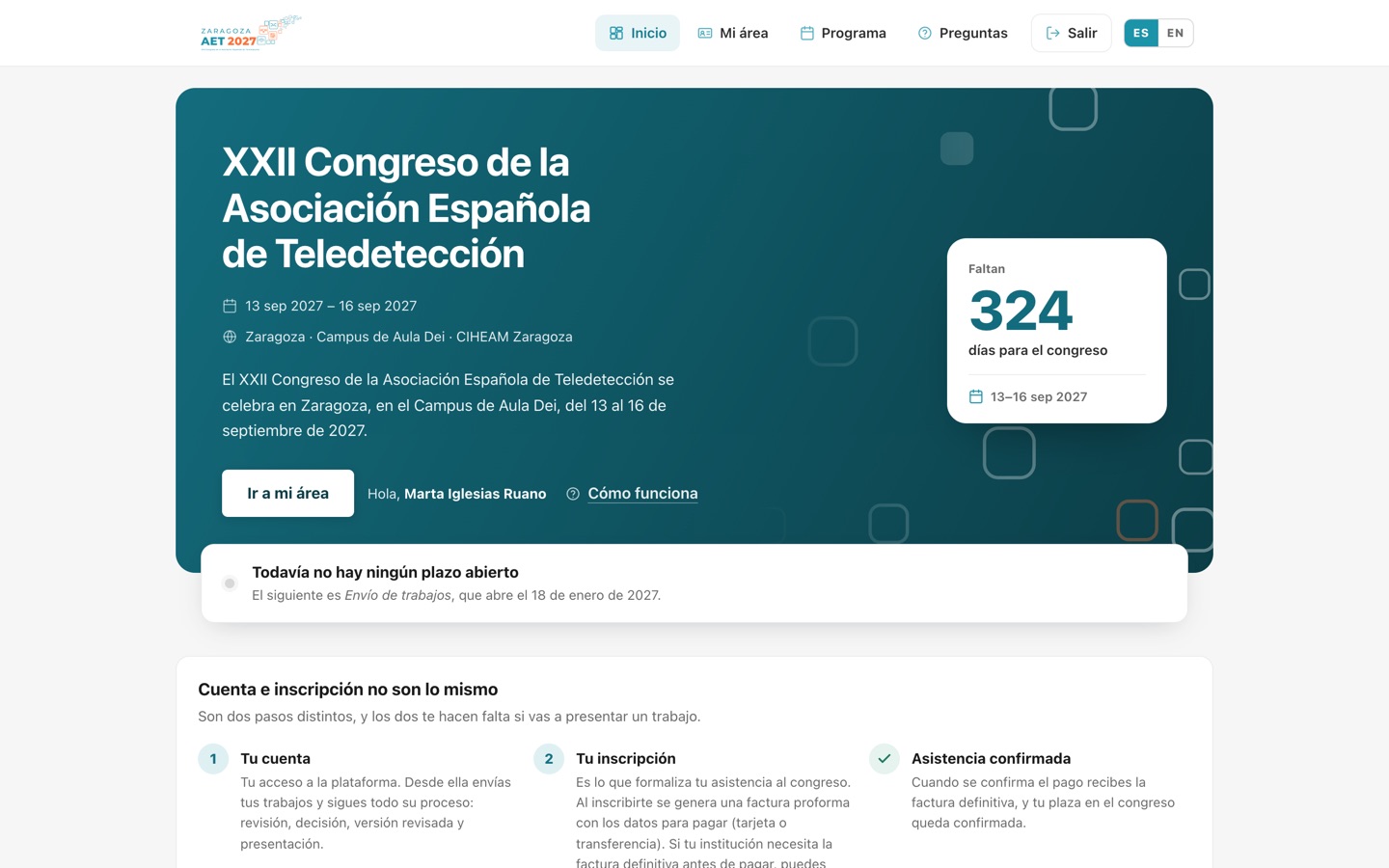 Portada del portal de AET2027 en INVEXUS, con la imagen del congreso