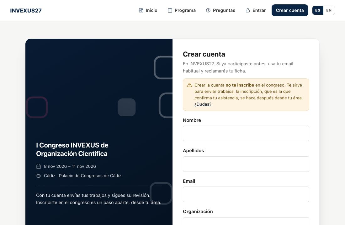 Pantalla para crear la cuenta en el portal del congreso