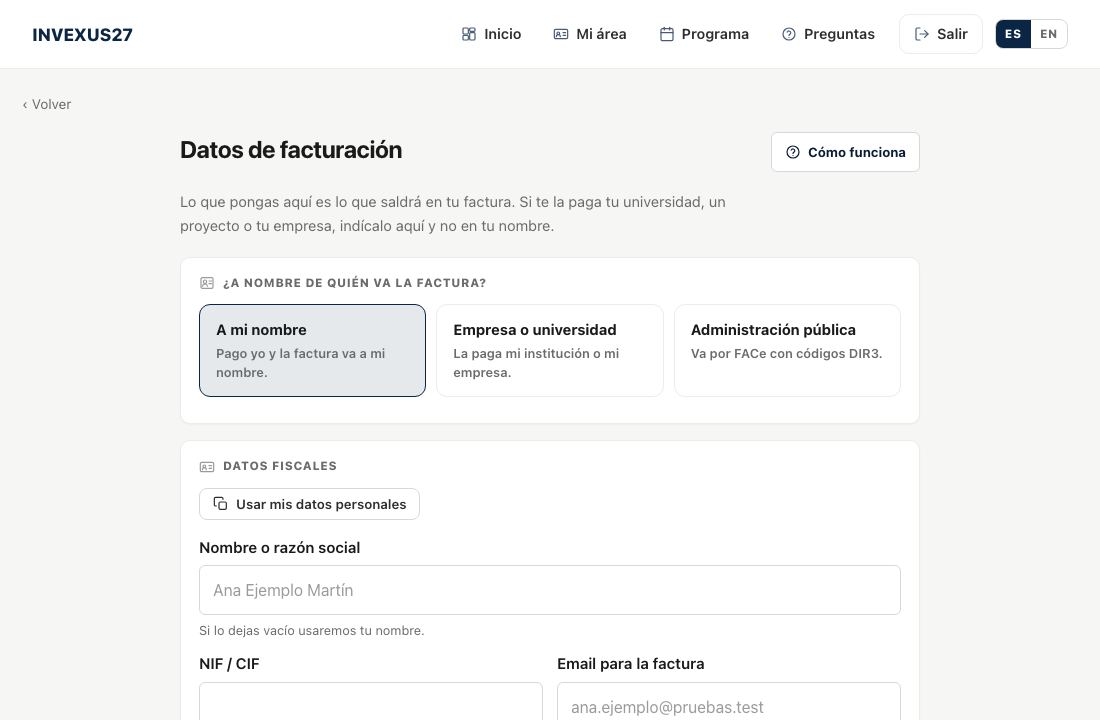 Datos de facturación de la inscripción